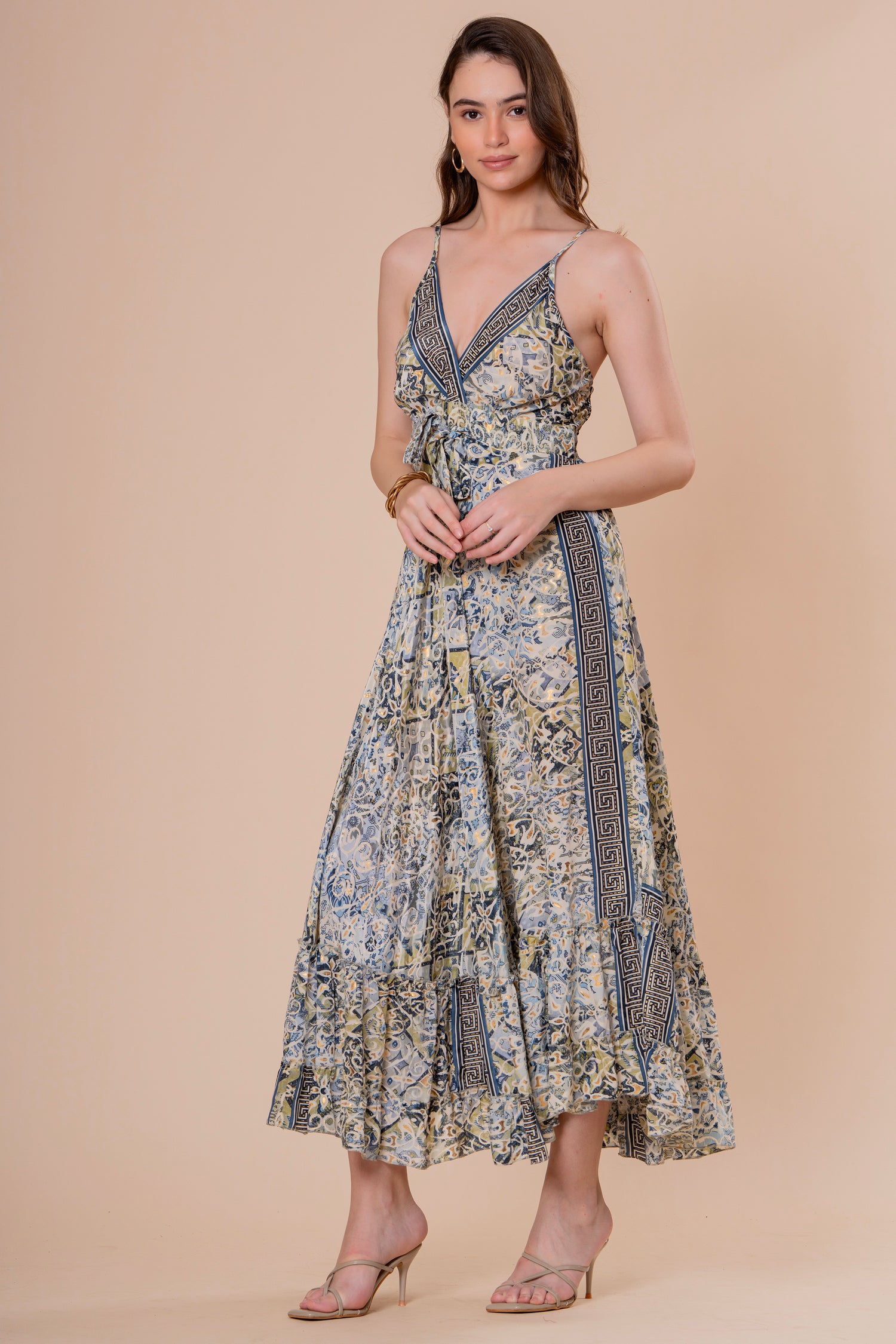 Vestido Maxi de Tirantes Estampado Azulejo con Lazo
