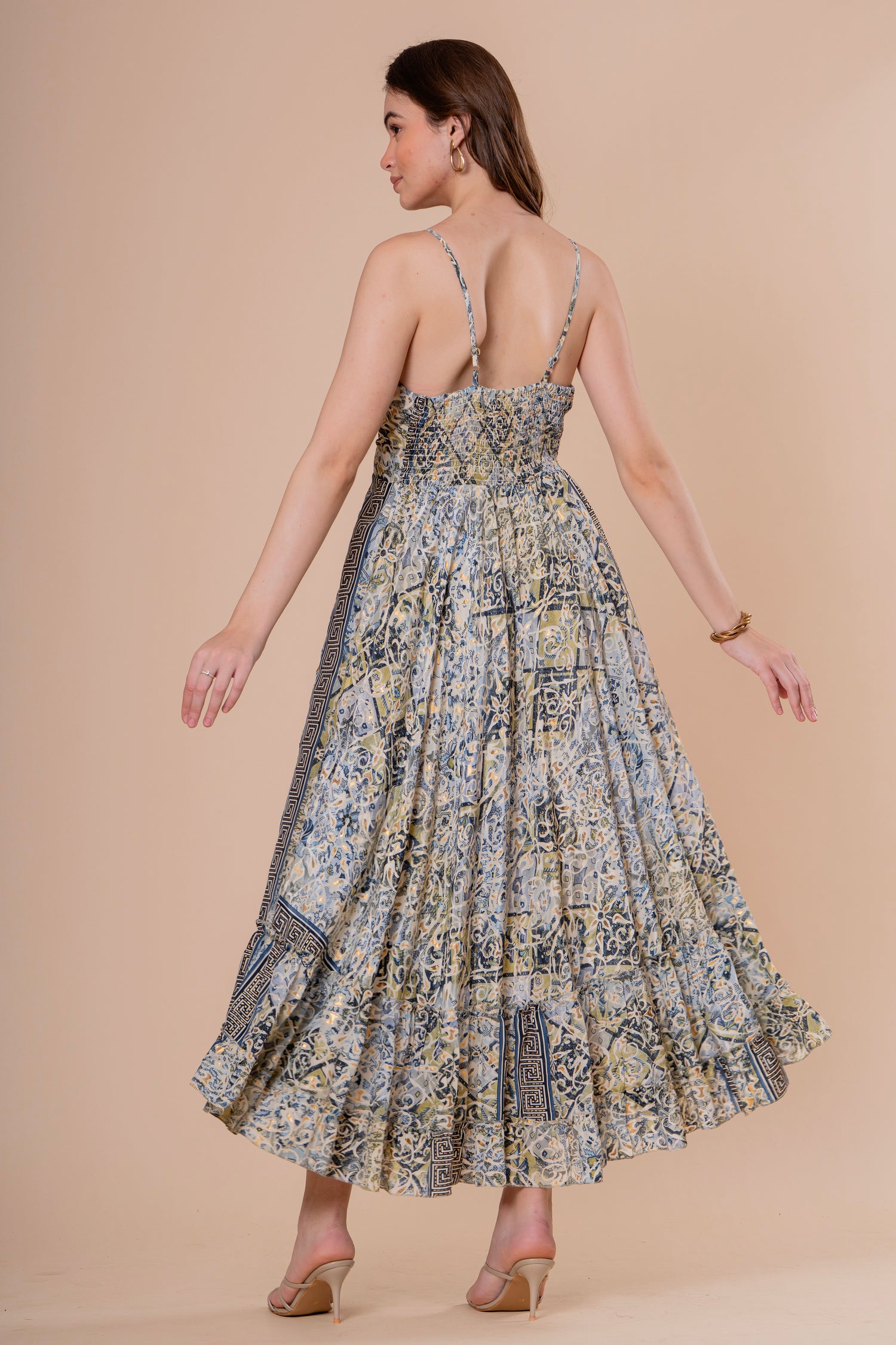 Vestido Maxi de Tirantes Estampado Azulejo con Lazo
