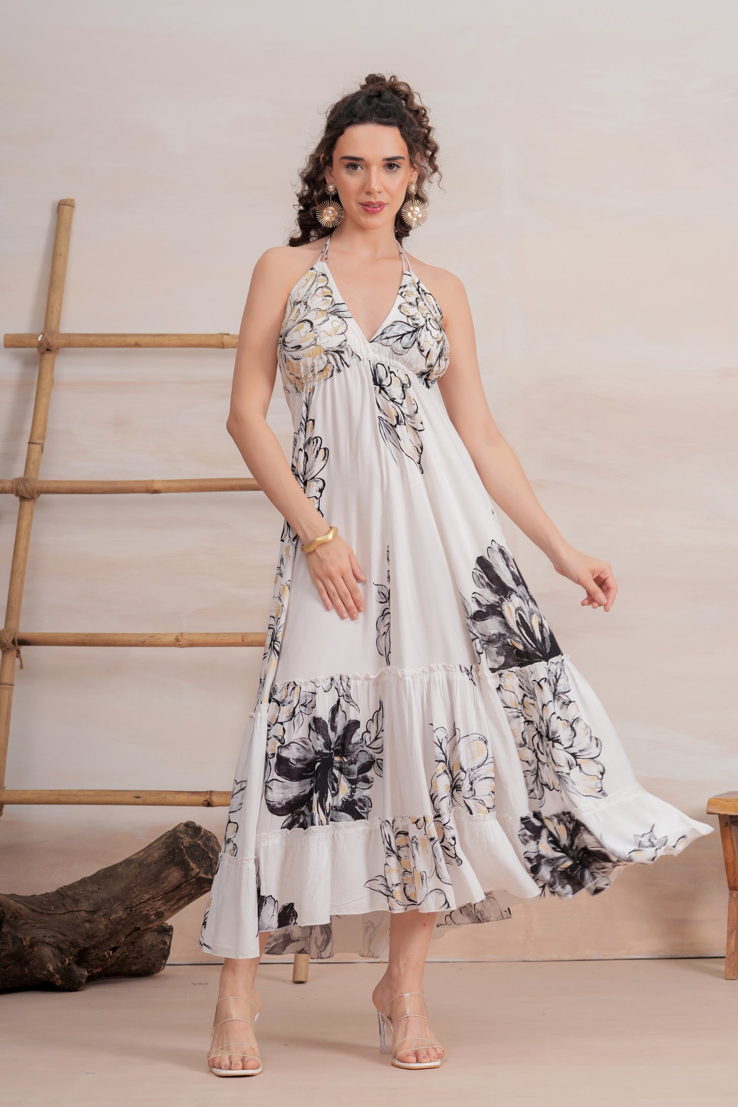 Vestido Midi Halter Floral Bicolor