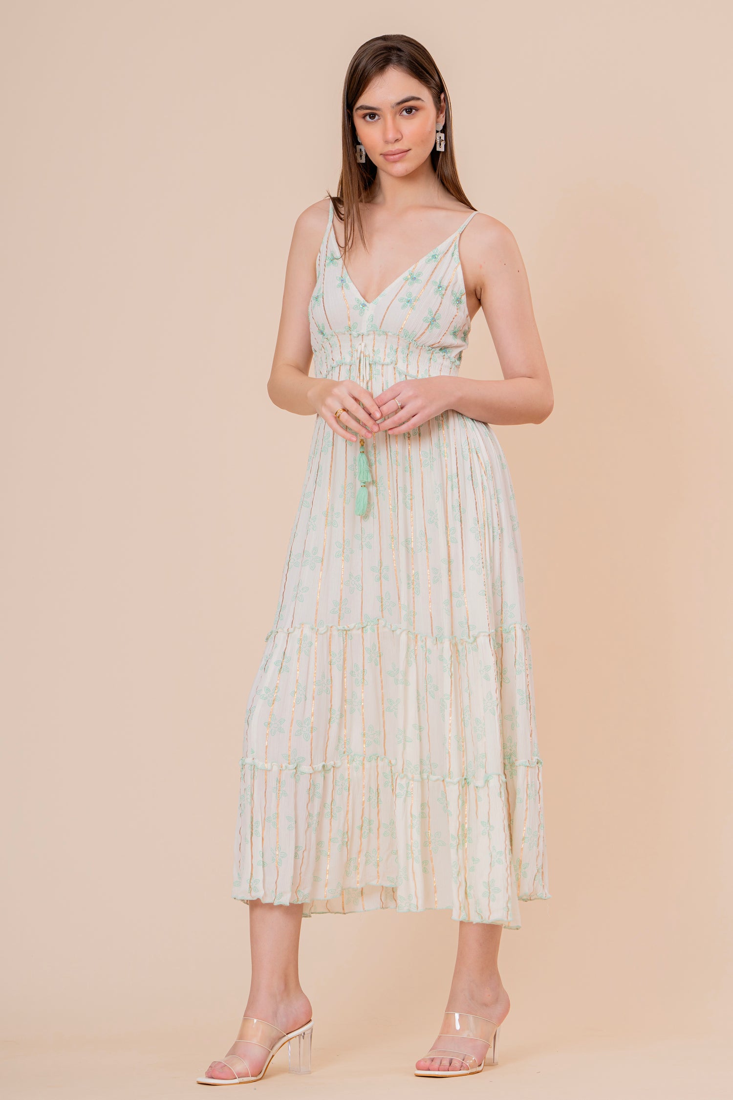 Vestido Midi Kaftán Estampado Coral y Azul con Borlas