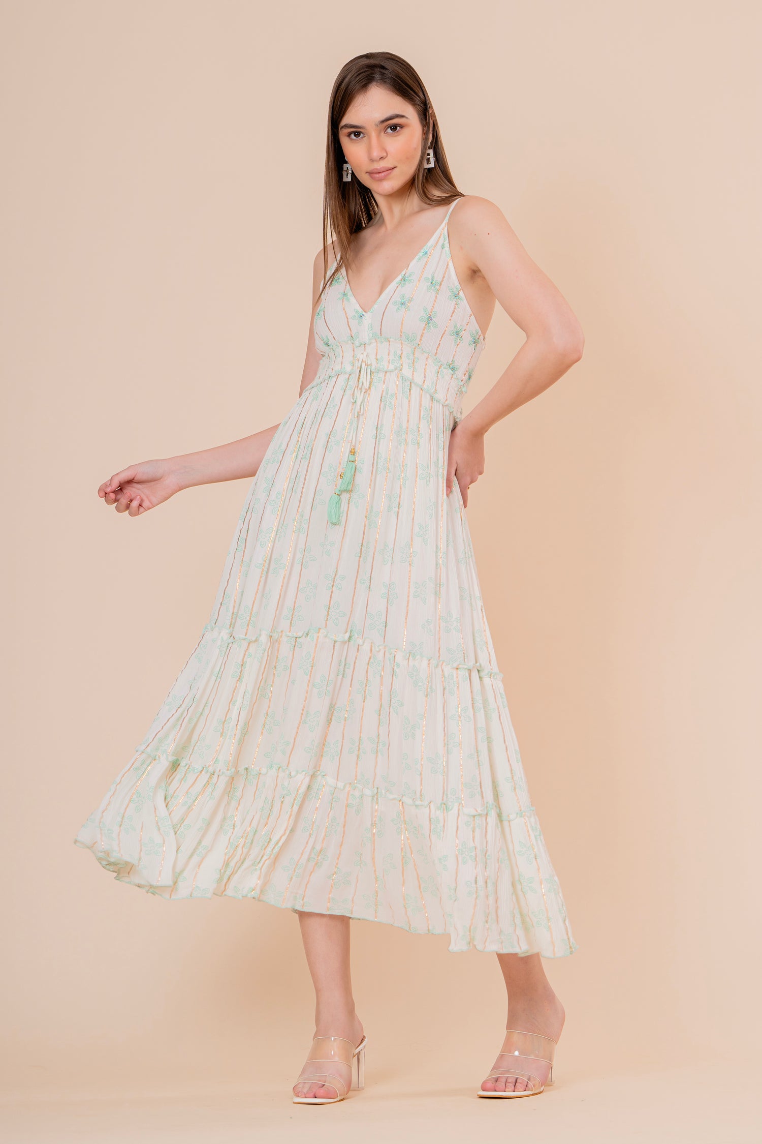 Vestido Midi Kaftán Estampado Coral y Azul con Borlas