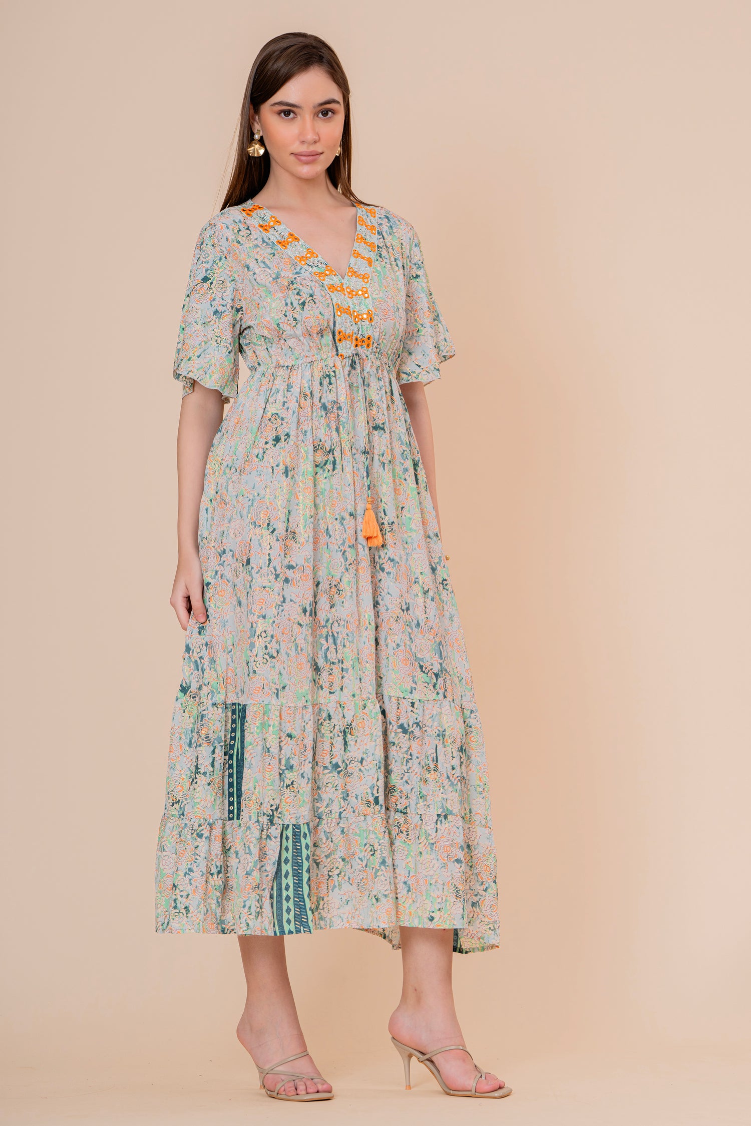 Vestido Maxi Crudo Texturizado con Mangas
