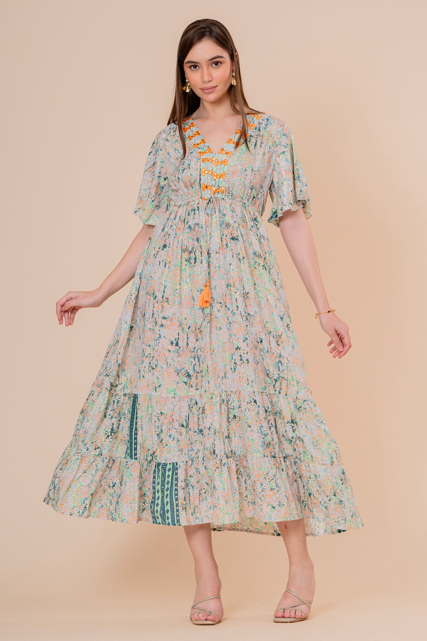 Vestido Maxi Crudo Texturizado con Mangas