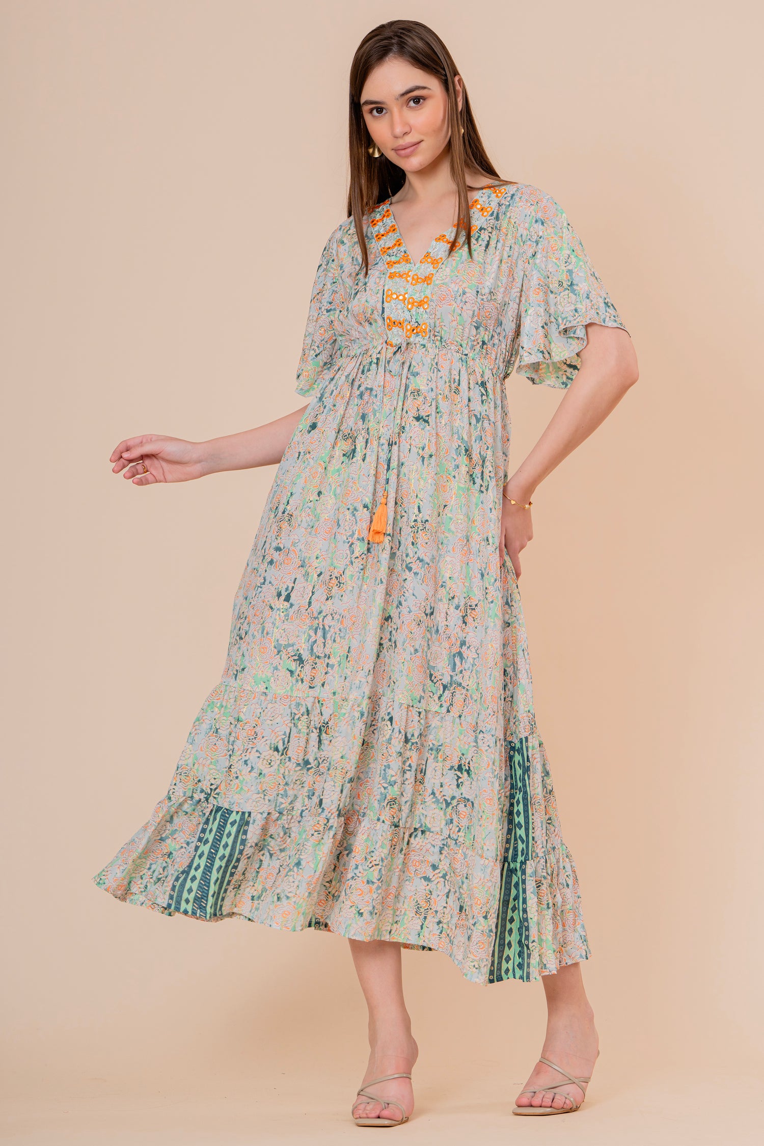Vestido Maxi Crudo Texturizado con Mangas