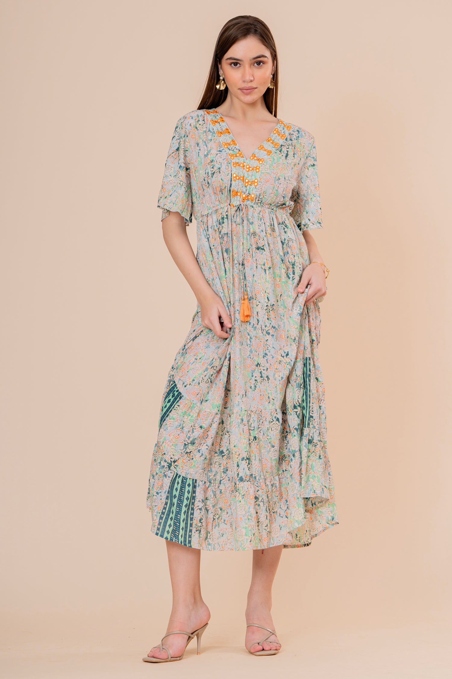 Vestido Maxi Crudo Texturizado con Mangas