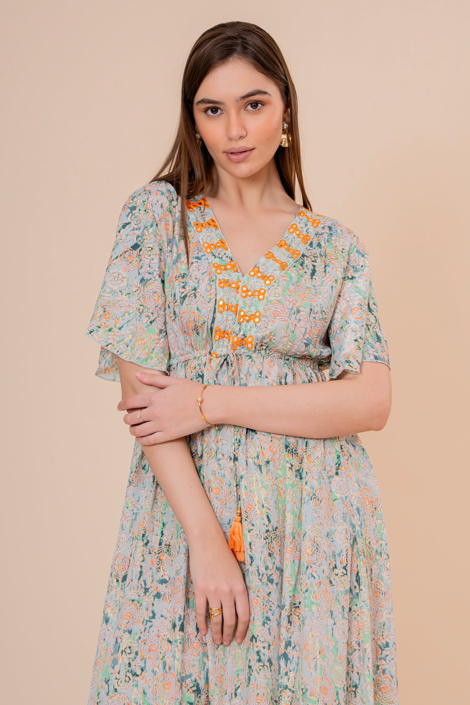 Vestido Maxi Crudo Texturizado con Mangas