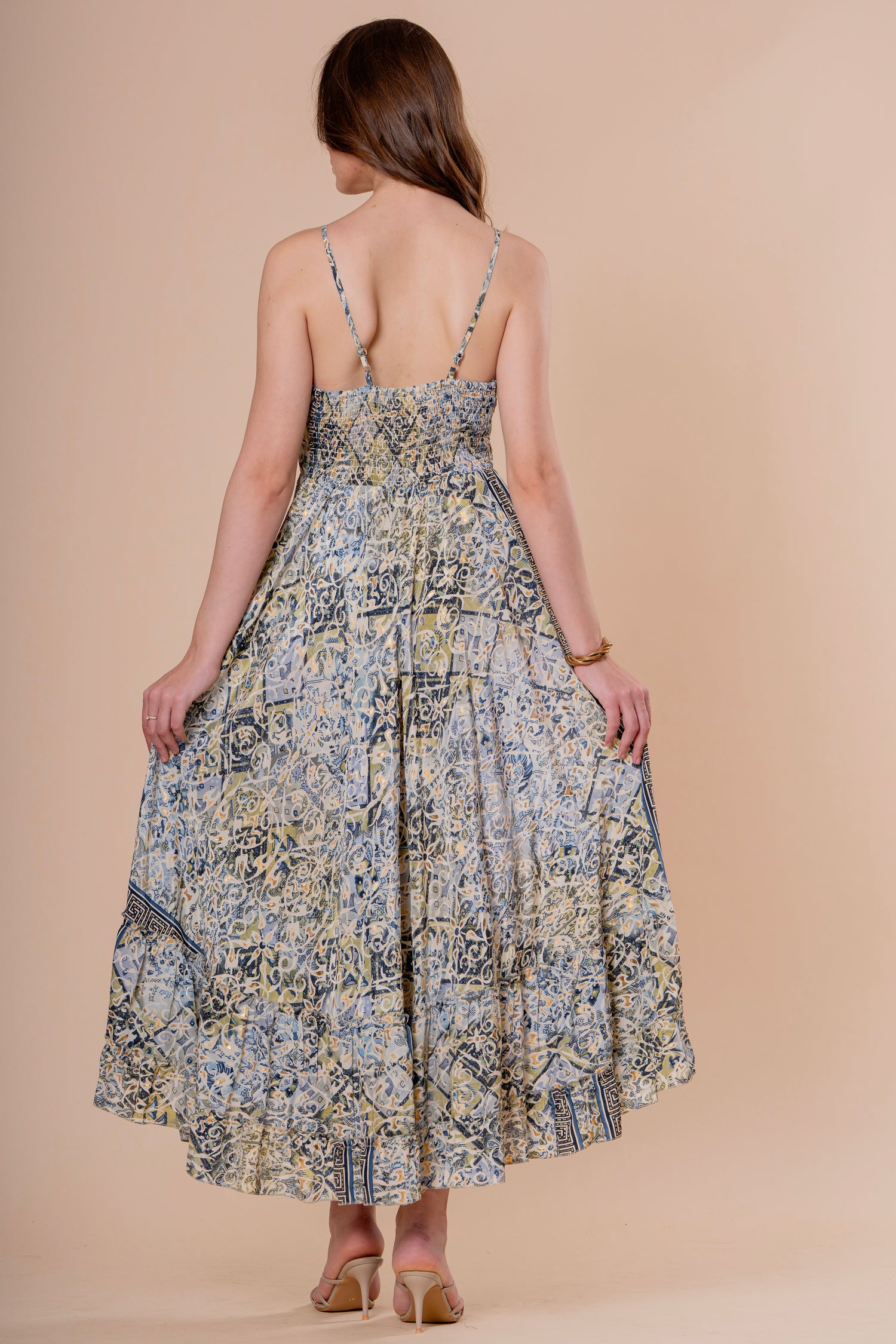 Vestido Maxi de Tirantes Estampado Azulejo con Lazo