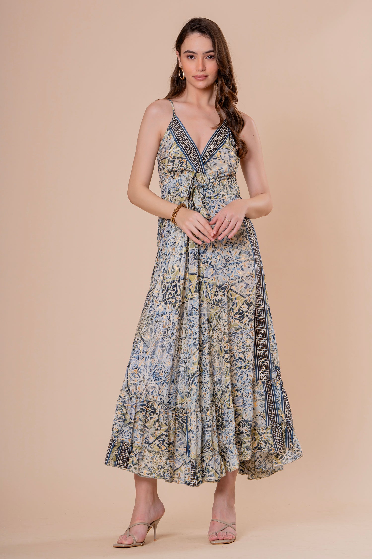 Vestido Maxi de Tirantes Estampado Azulejo con Lazo