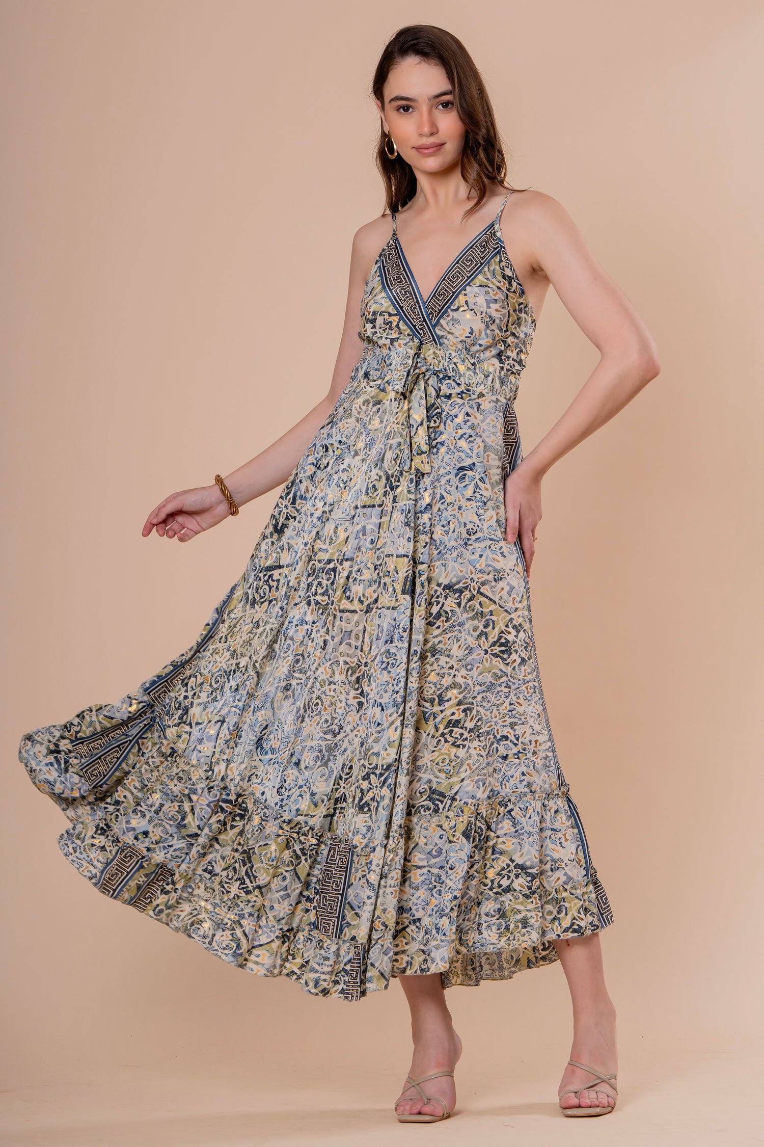 Vestido Maxi de Tirantes Estampado Azulejo con Lazo