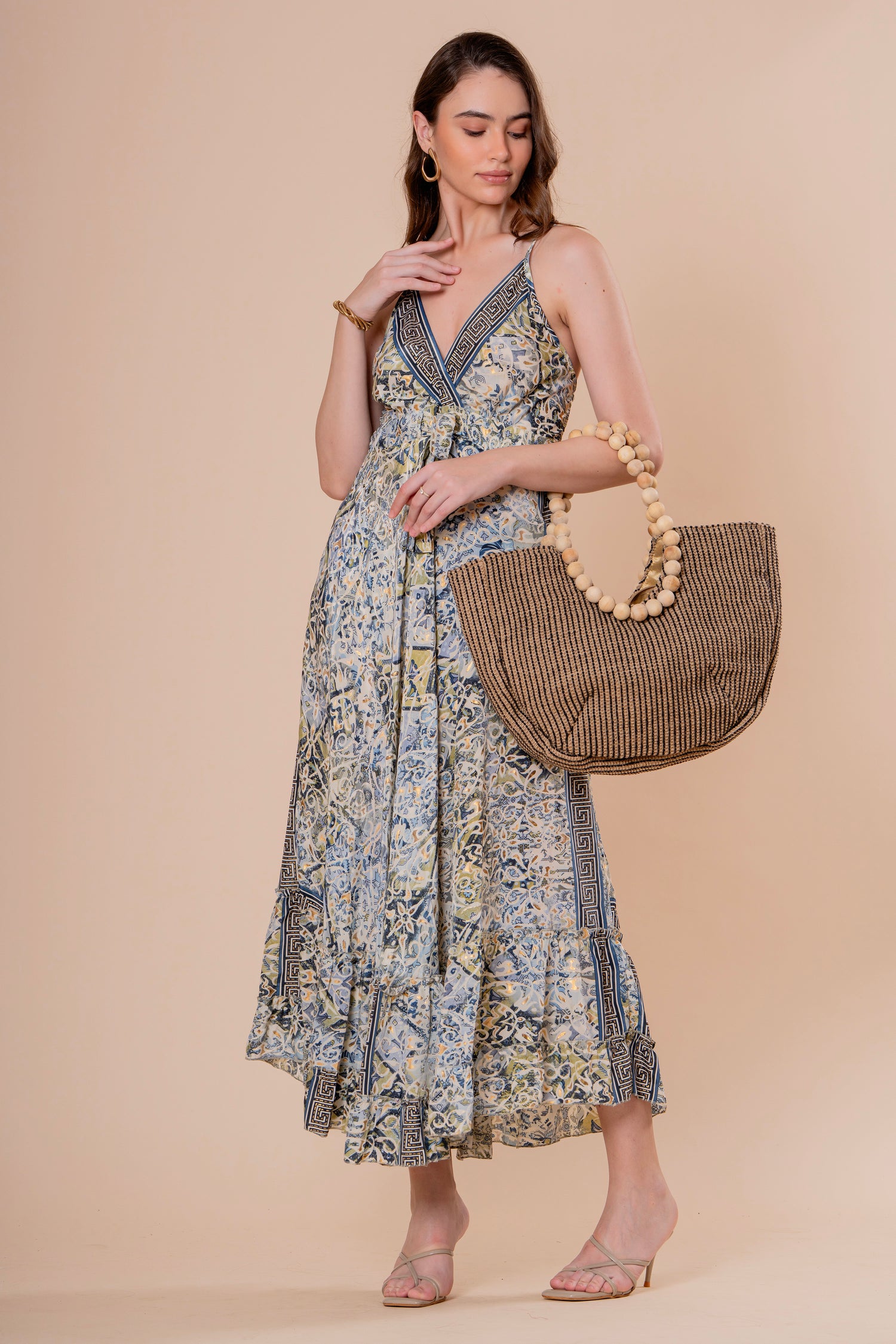 Vestido Maxi de Tirantes Estampado Azulejo con Lazo