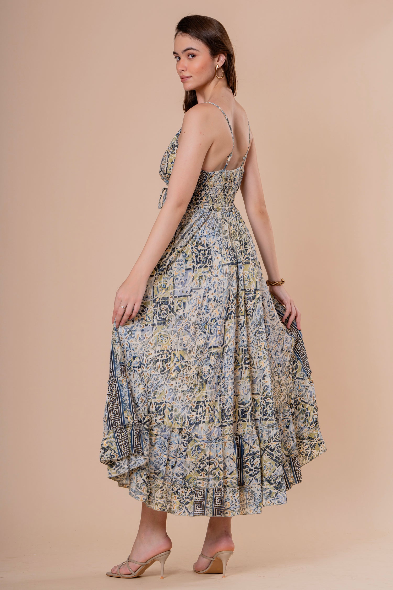 Vestido Maxi de Tirantes Estampado Azulejo con Lazo