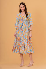 Vestido Midi Manga 3/4 Estampado Étnico con Borlas