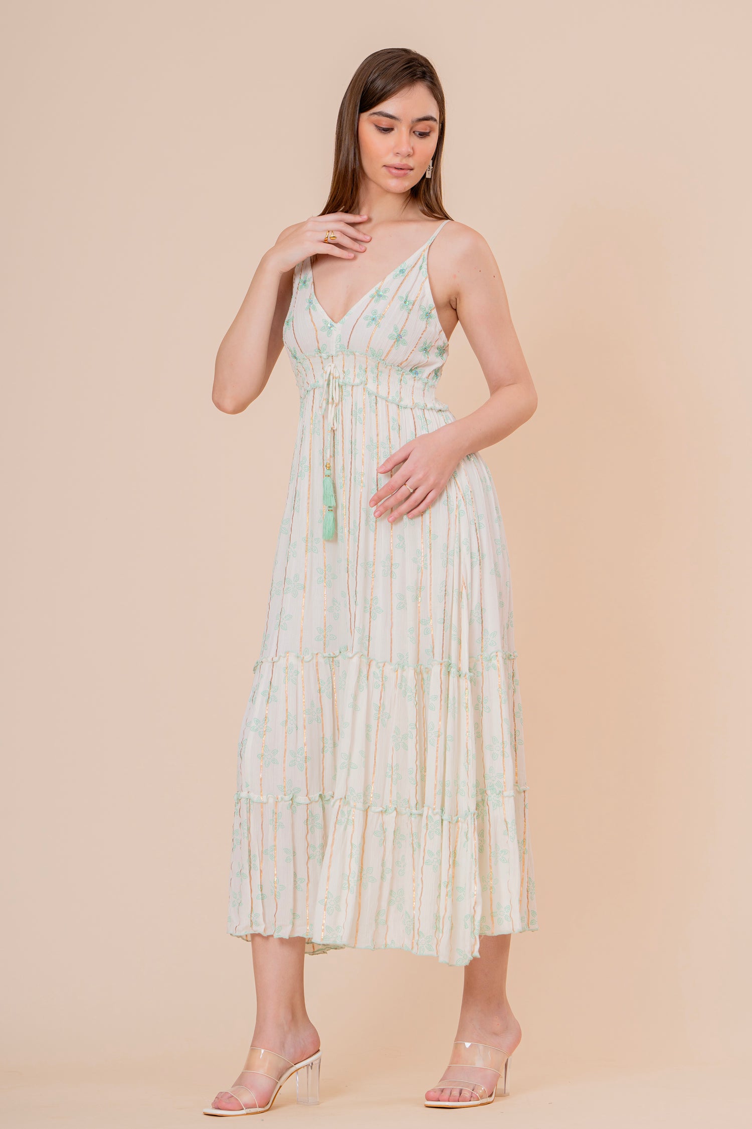 Vestido Midi Kaftán Estampado Coral y Azul con Borlas