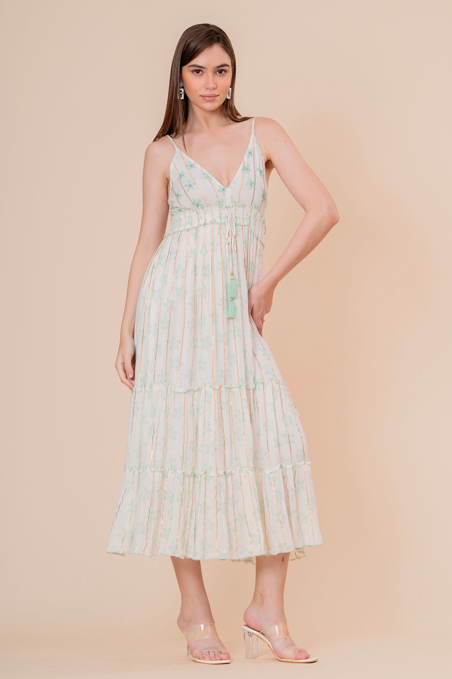 Vestido Midi Kaftán Estampado Coral y Azul con Borlas