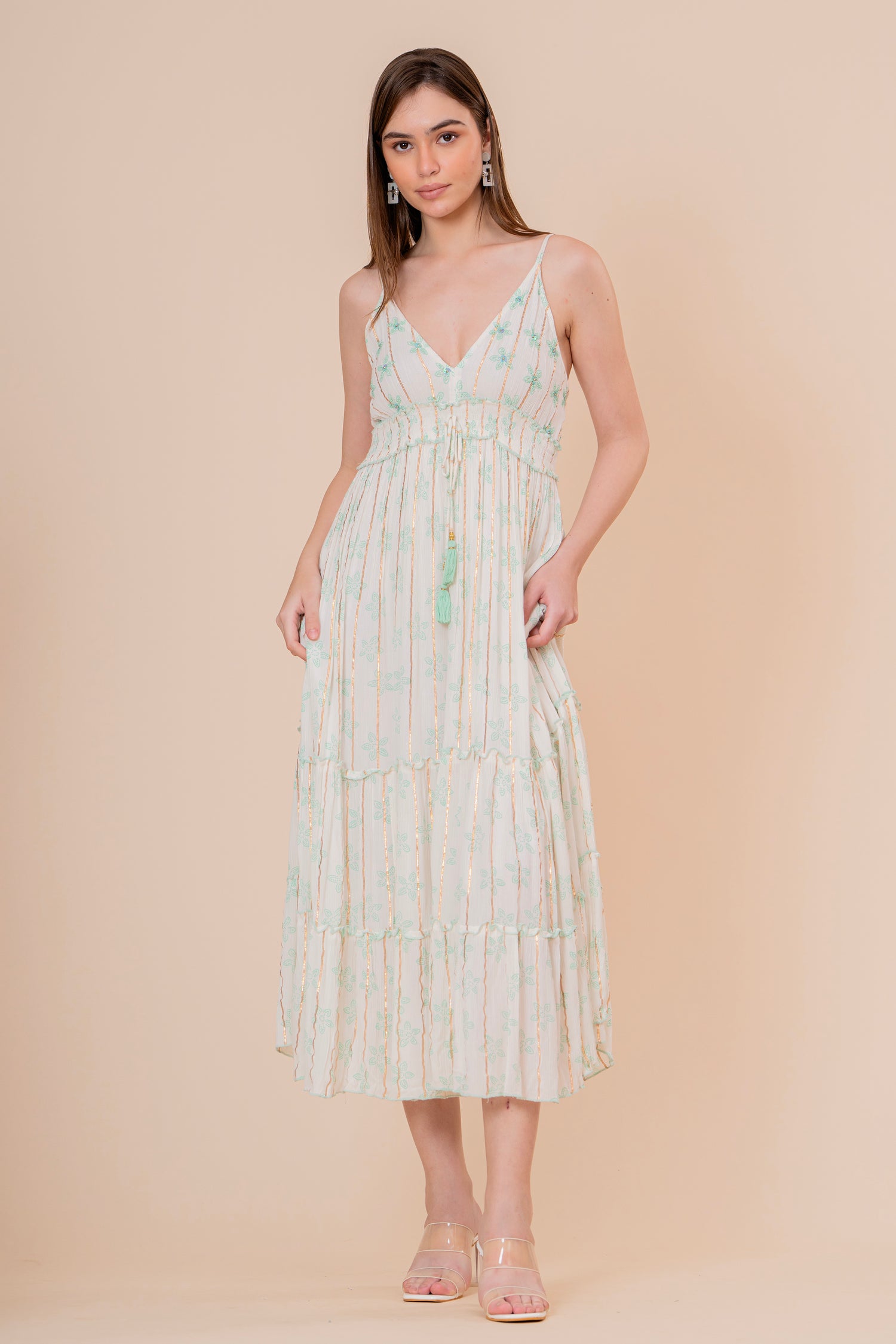 Vestido Midi Kaftán Estampado Coral y Azul con Borlas