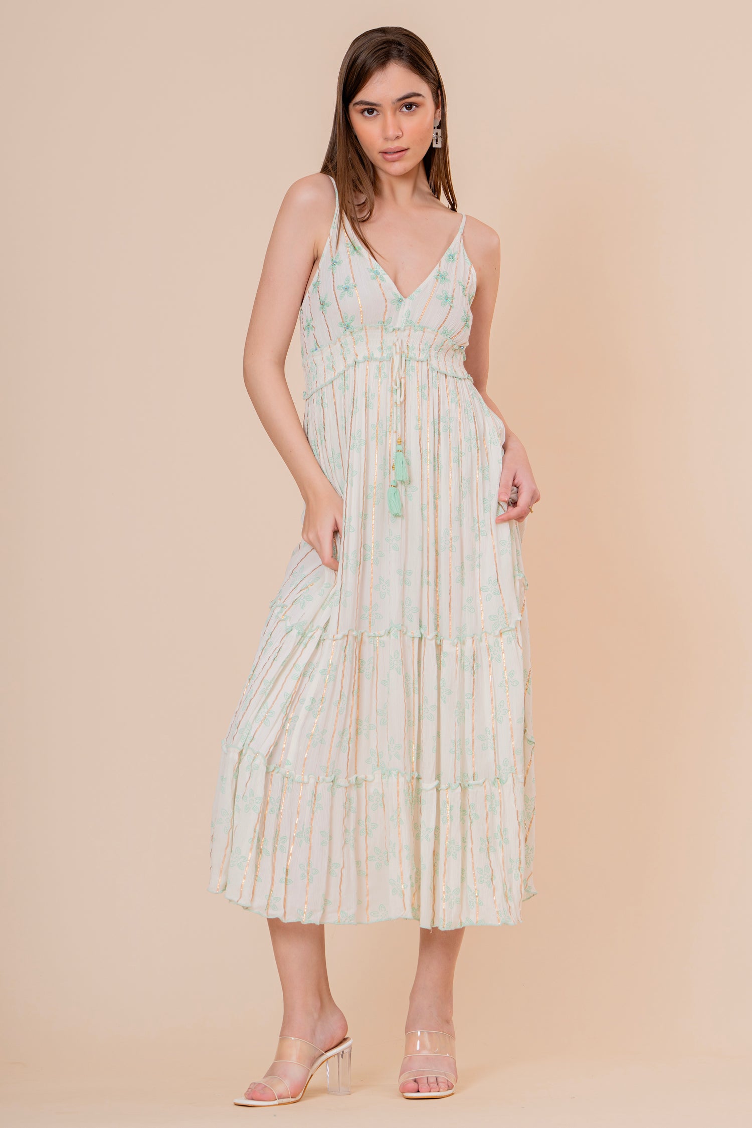 Vestido Midi Kaftán Estampado Coral y Azul con Borlas