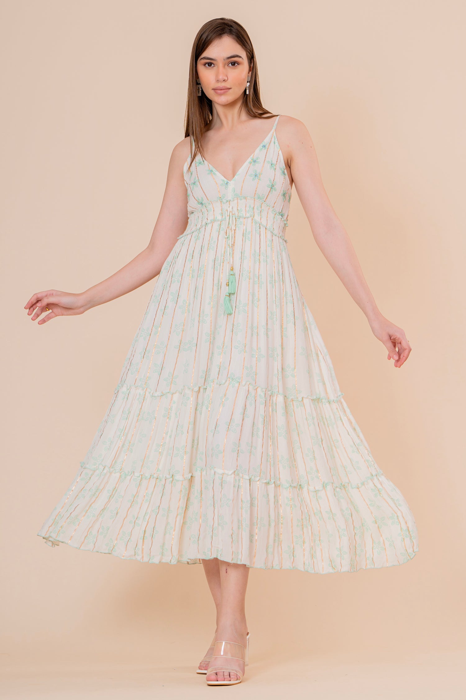 Vestido Midi Kaftán Estampado Coral y Azul con Borlas