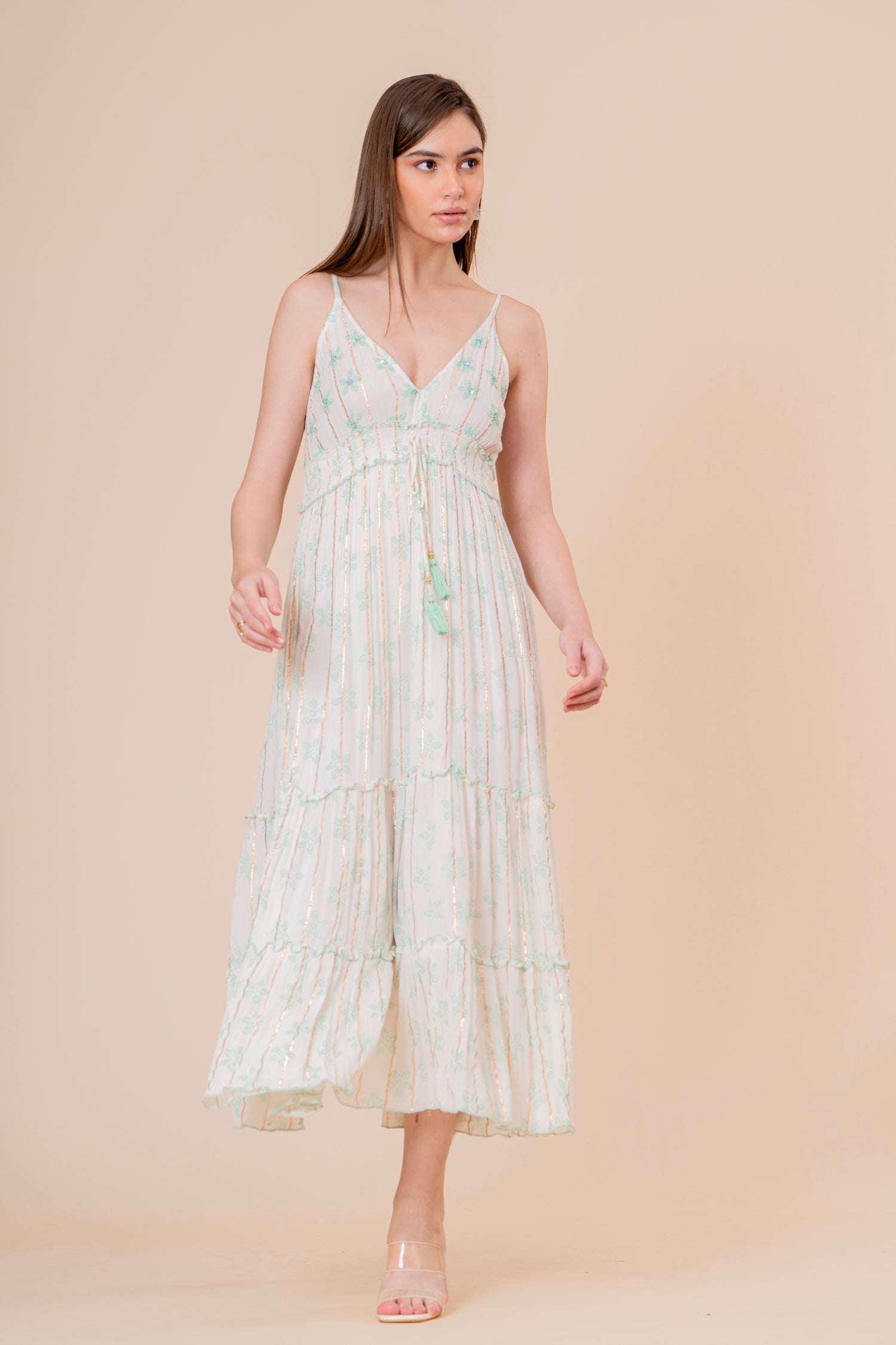 Vestido Midi Kaftán Estampado Coral y Azul con Borlas