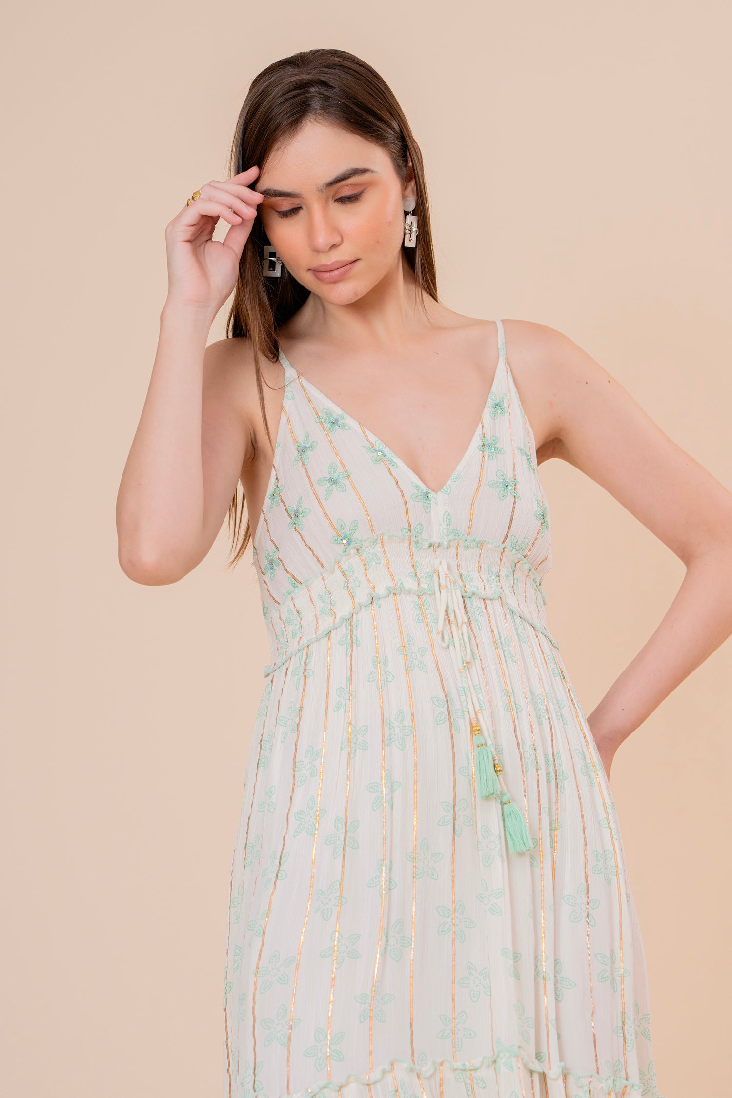 Vestido Midi Kaftán Estampado Coral y Azul con Borlas