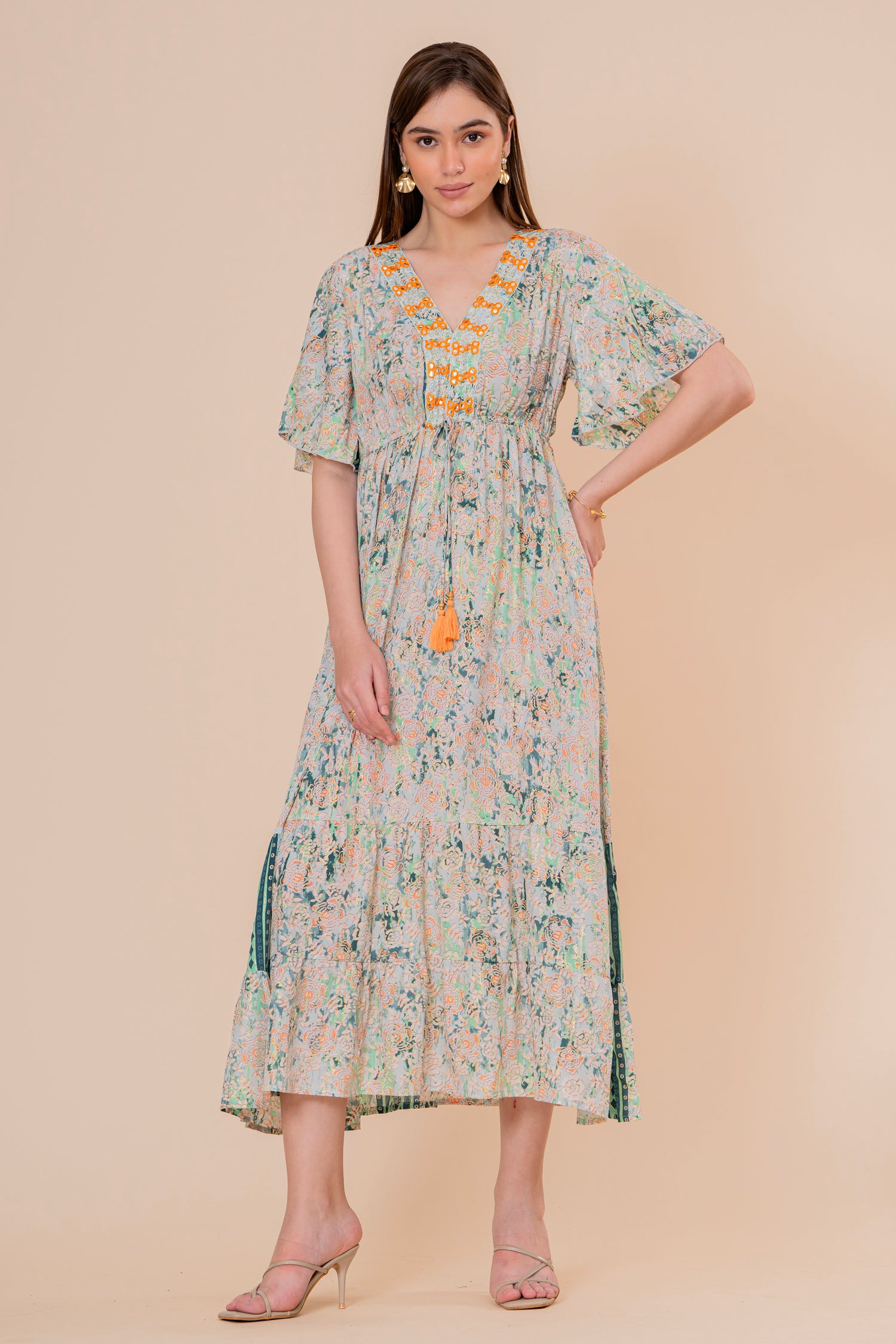 Vestido Maxi Crudo Texturizado con Mangas
