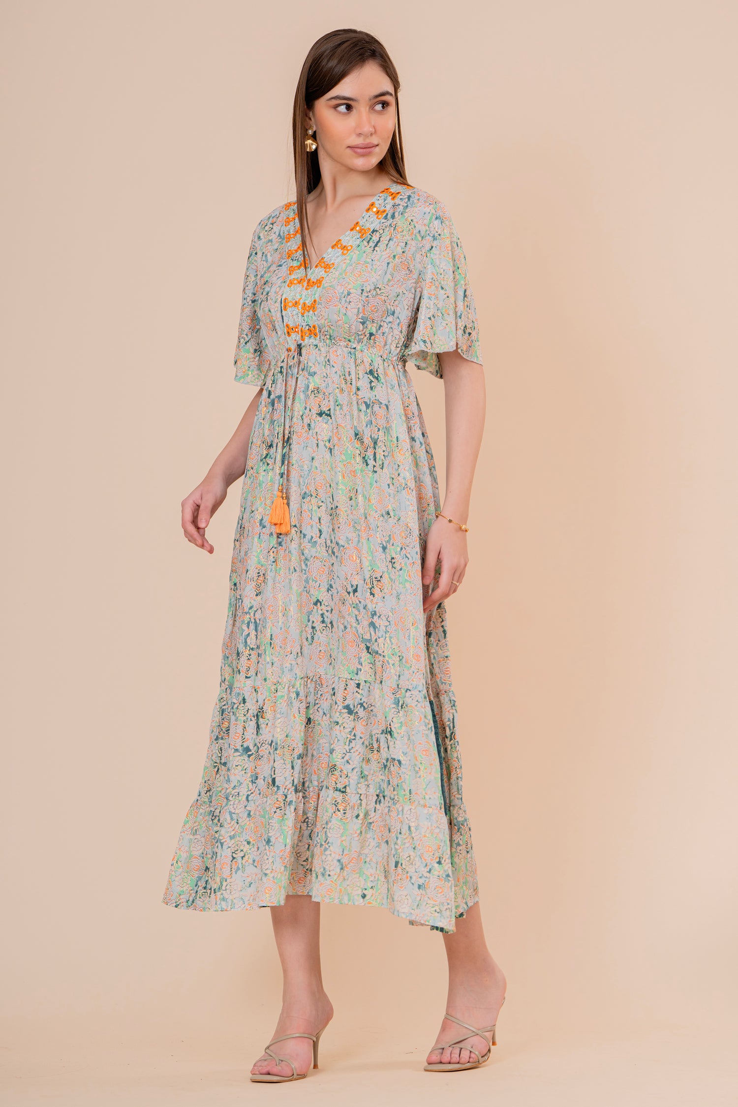 Vestido Maxi Crudo Texturizado con Mangas
