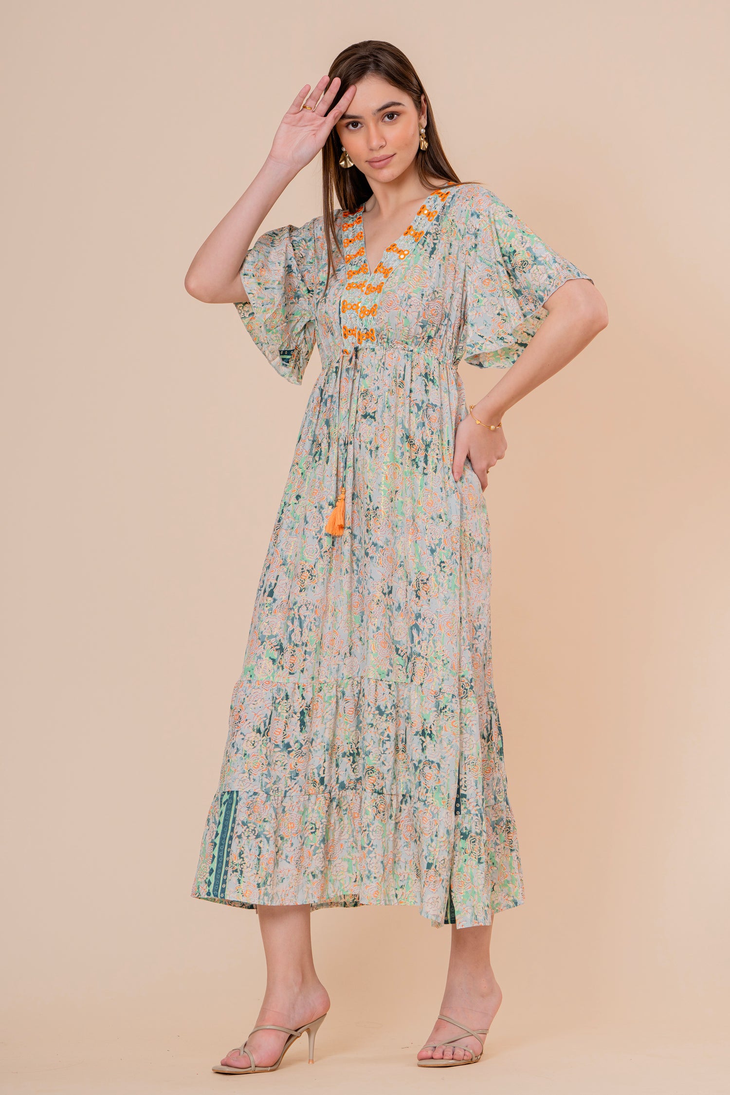 Vestido Maxi Crudo Texturizado con Mangas