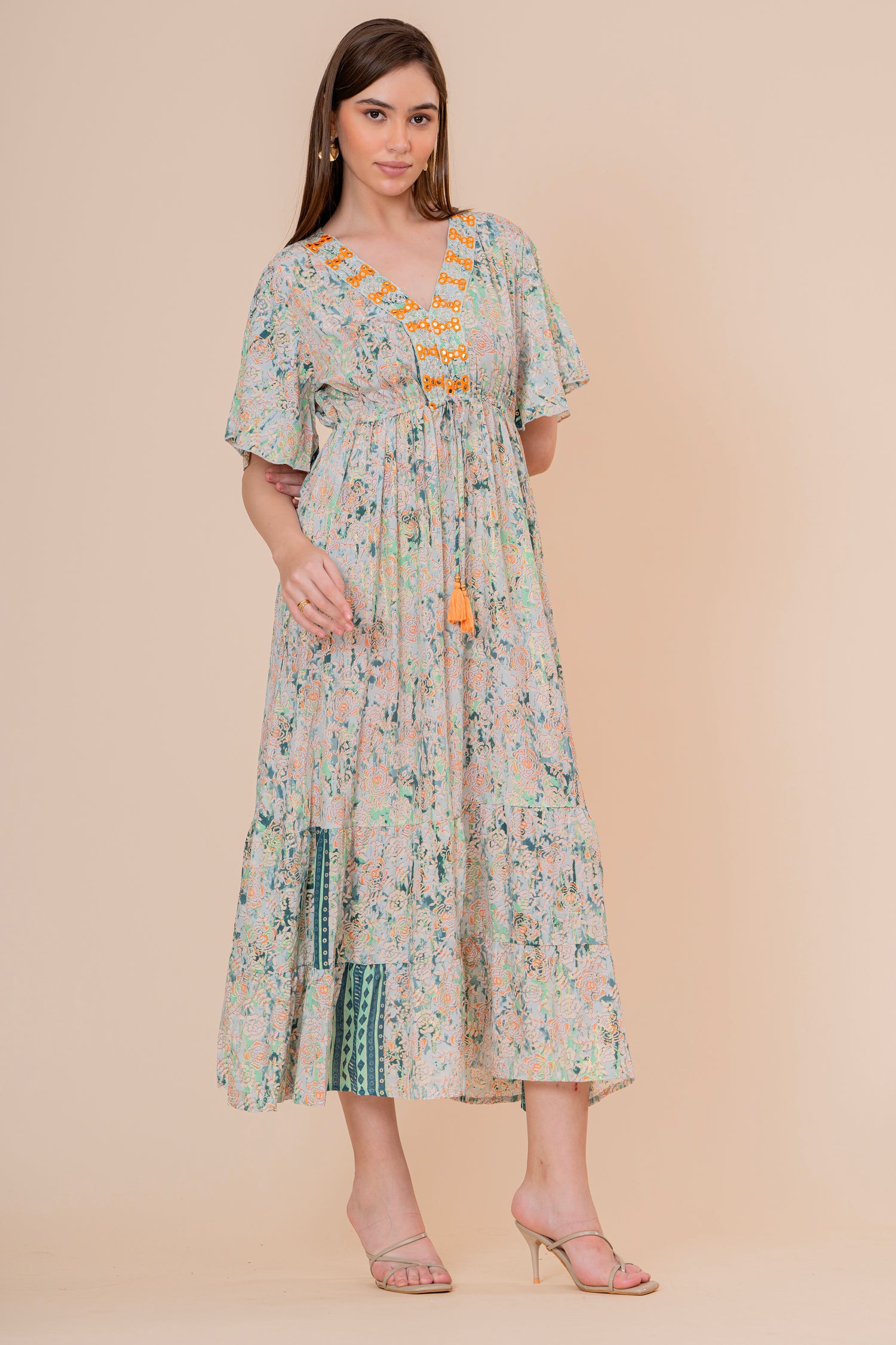 Vestido Maxi Crudo Texturizado con Mangas