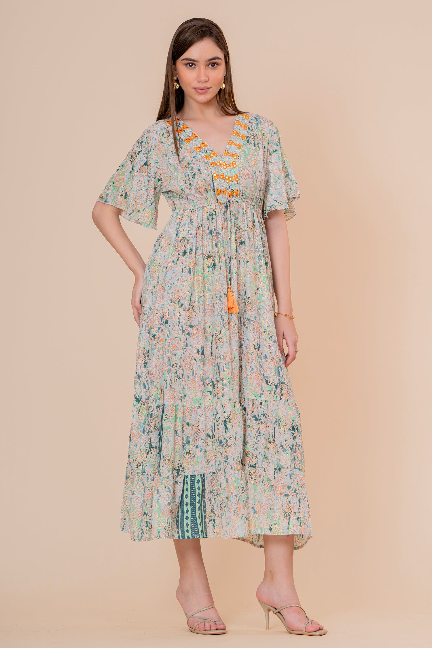 Vestido Maxi Crudo Texturizado con Mangas
