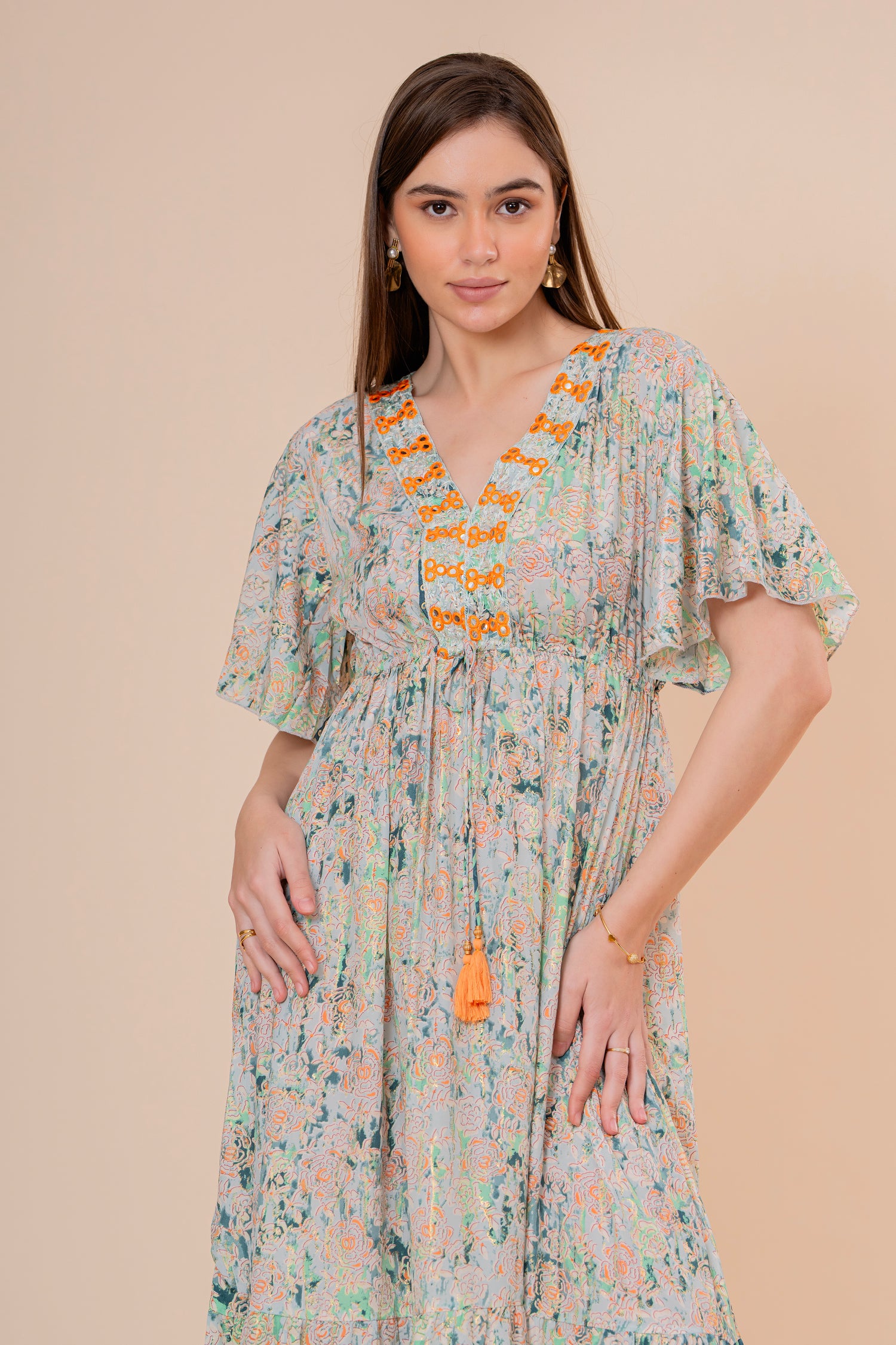 Vestido Maxi Crudo Texturizado con Mangas